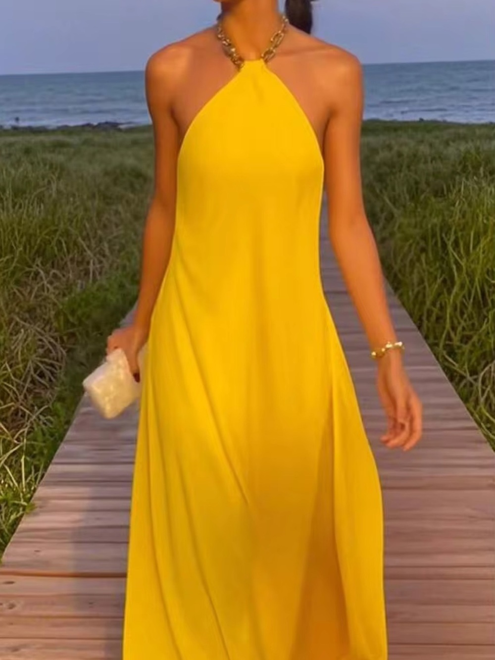 Beautiful Yellow Vacation Halter Maxi Dress